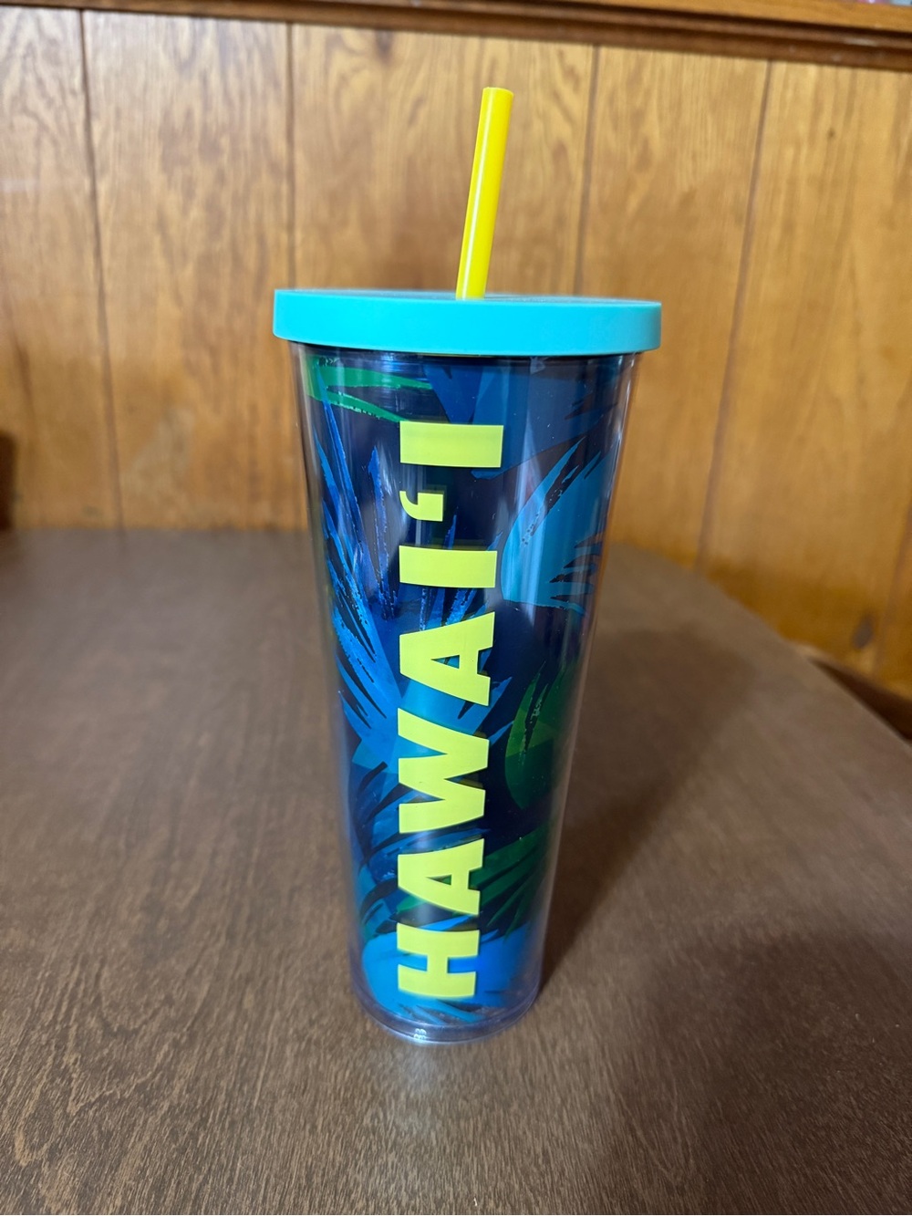 STARBUCKS HAWAII 24 oz. Green Blue Tumbler Palm Tree Cold Cup Discontinued